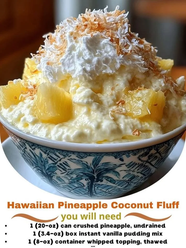 Hawaiian Pineapple Coconut Fluff dessert in a bowl with coconut flakes