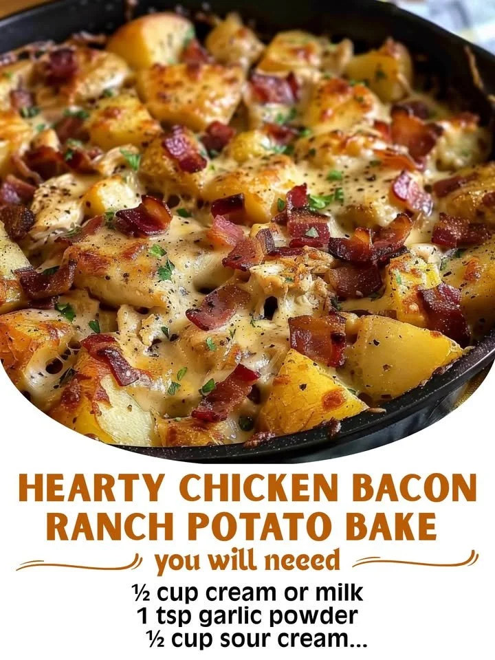 Hearty Chicken Bacon Ranch Potato Bake topped with crispy bacon and creamy ranch sauce.