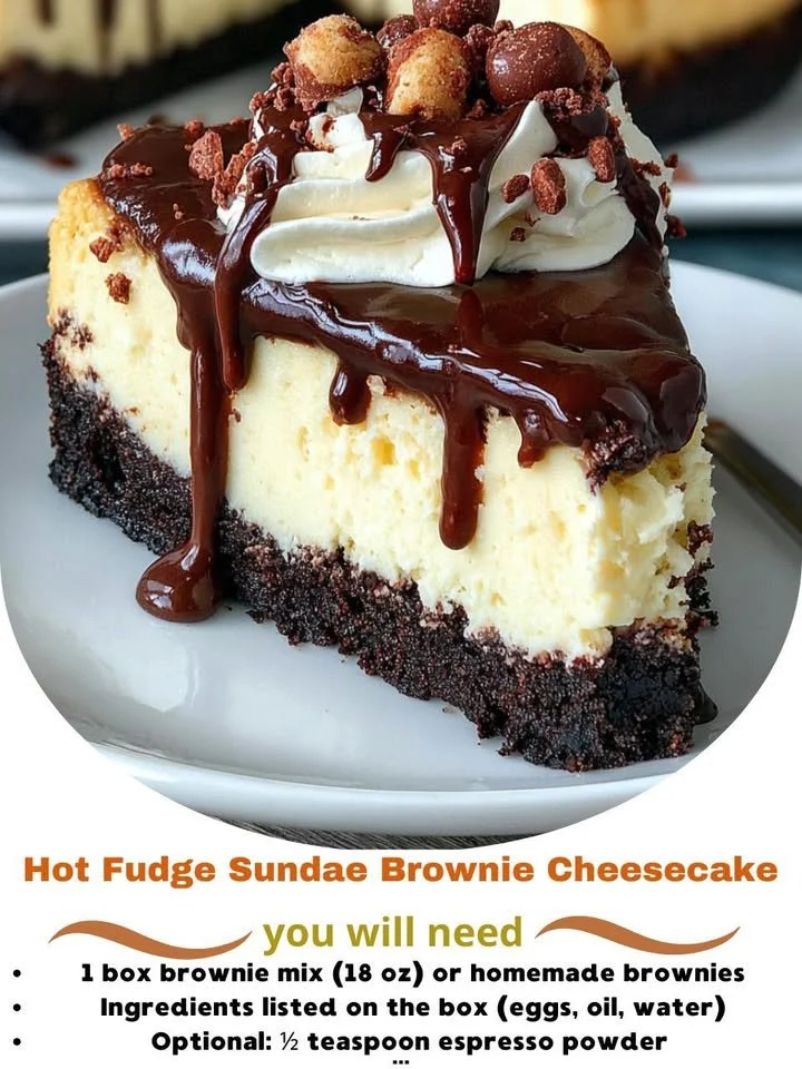 Delicious hot fudge sundae brownie cheesecake topped with whipped cream and chocolate drizzle
