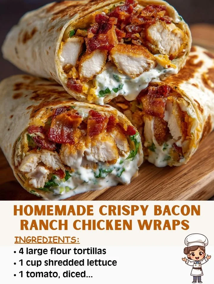 Homemade crispy bacon ranch chicken wraps ready to enjoy.