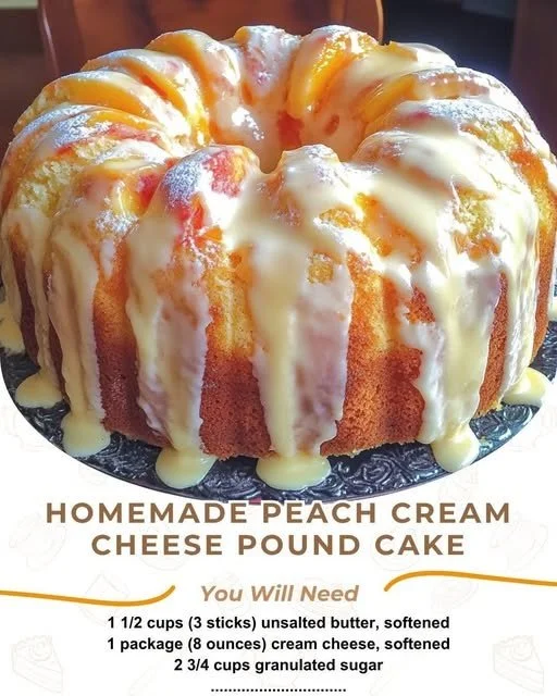 homemade peach cream cheese pound cake with fresh peaches and cream cheese frosting