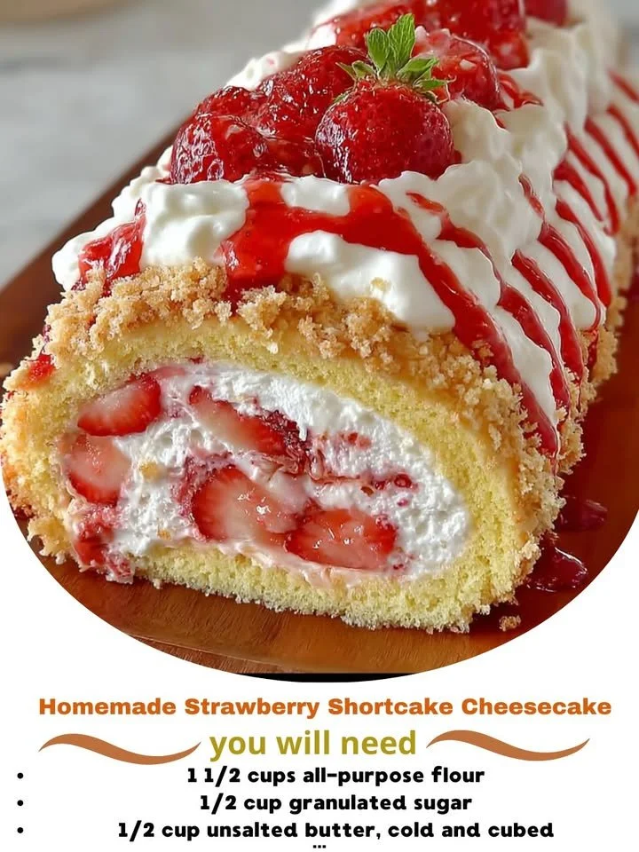 Delicious homemade strawberry shortcake cheesecake topped with fresh strawberries