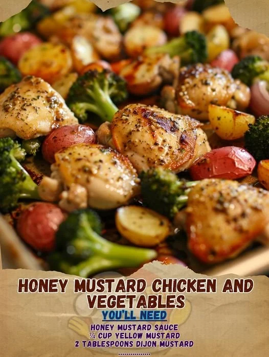 Honey Mustard Chicken with colorful mixed vegetables on a plate