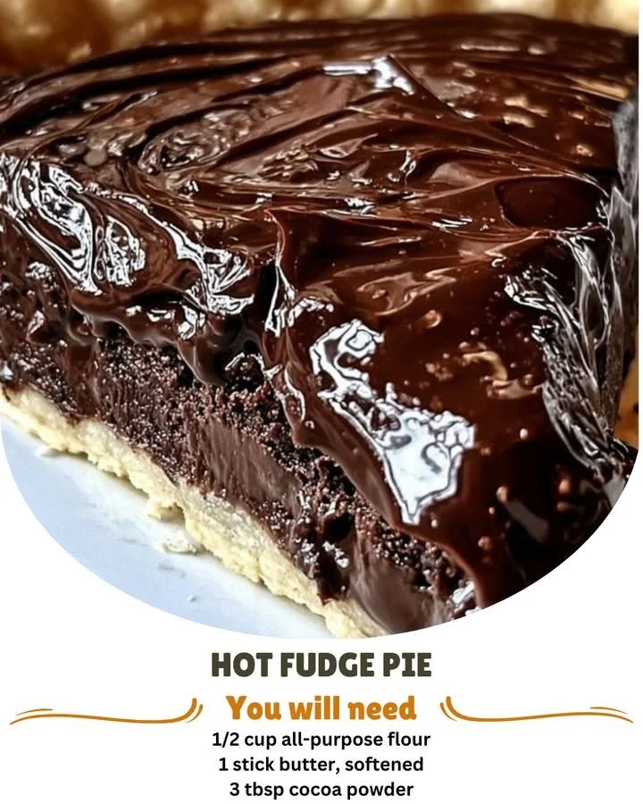 Decadent Hot Fudge Pie topped with chocolate sauce and whipped cream