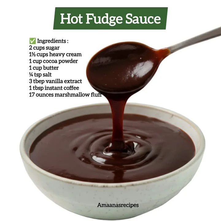 Delicious homemade hot fudge sauce poured over ice cream