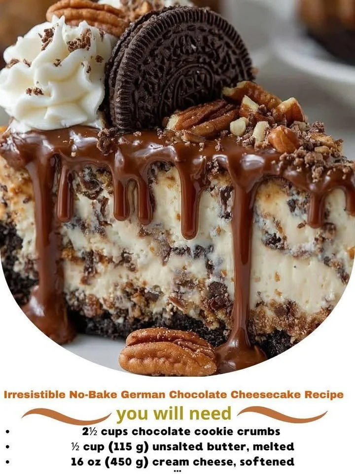 Delicious no-bake German chocolate cheesecake topped with chocolate and coconut
