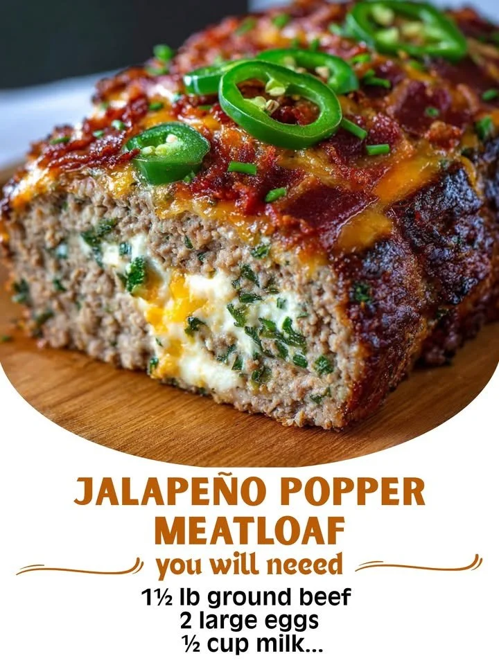 Jalapeño popper meatloaf served with spicy garnish and melted cheese.