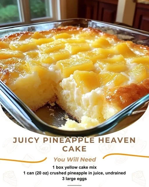 Deliciously moist Juicy Pineapple Heaven Cake topped with fresh pineapple slices.