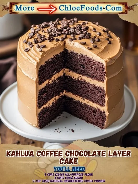 Delicious Kahlua coffee chocolate layer cake with rich chocolate frosting