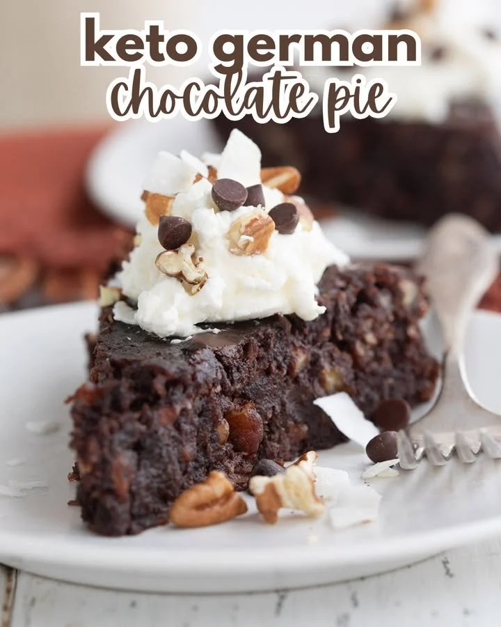 Keto German Chocolate Pie with creamy frosting and nuts on top