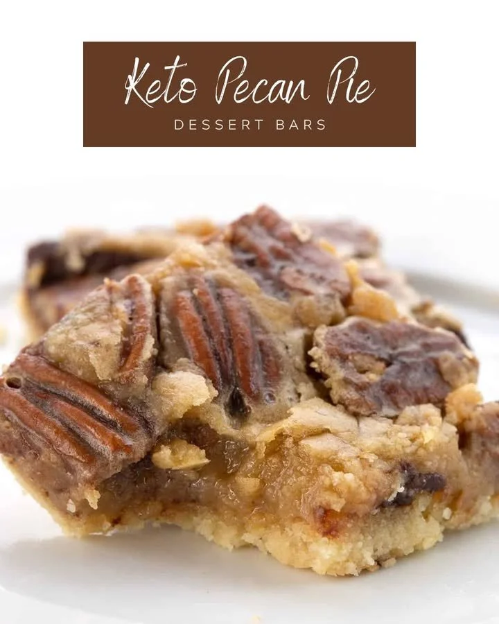 Delicious Keto Pecan Pie Bars served on a wooden table with pecans and ingredients.