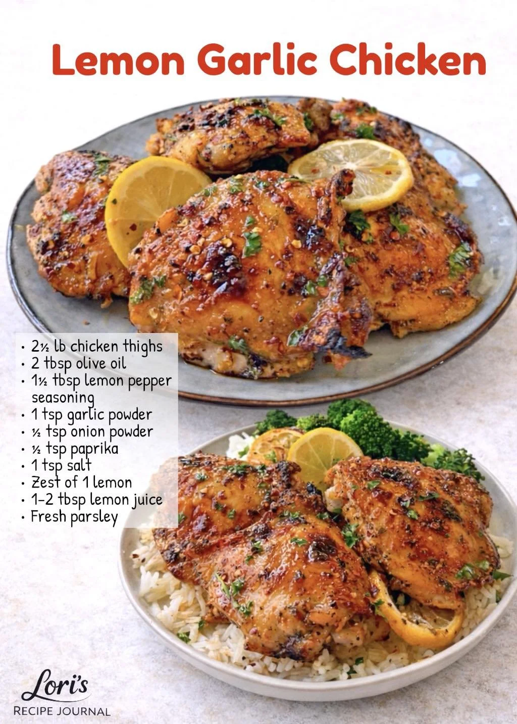 Delicious Lemon Pepper Chicken Thighs served on a plate with herbs