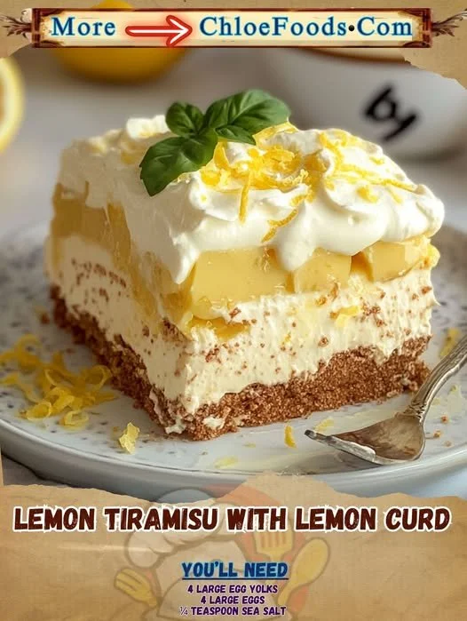 Lemon tiramisu dessert topped with lemon curd and garnished with lemon zest.