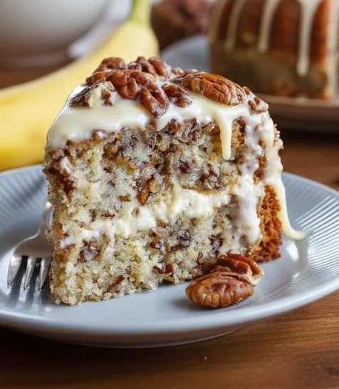Sliced Luscious Banana Pecan Cake on a plate with a fork