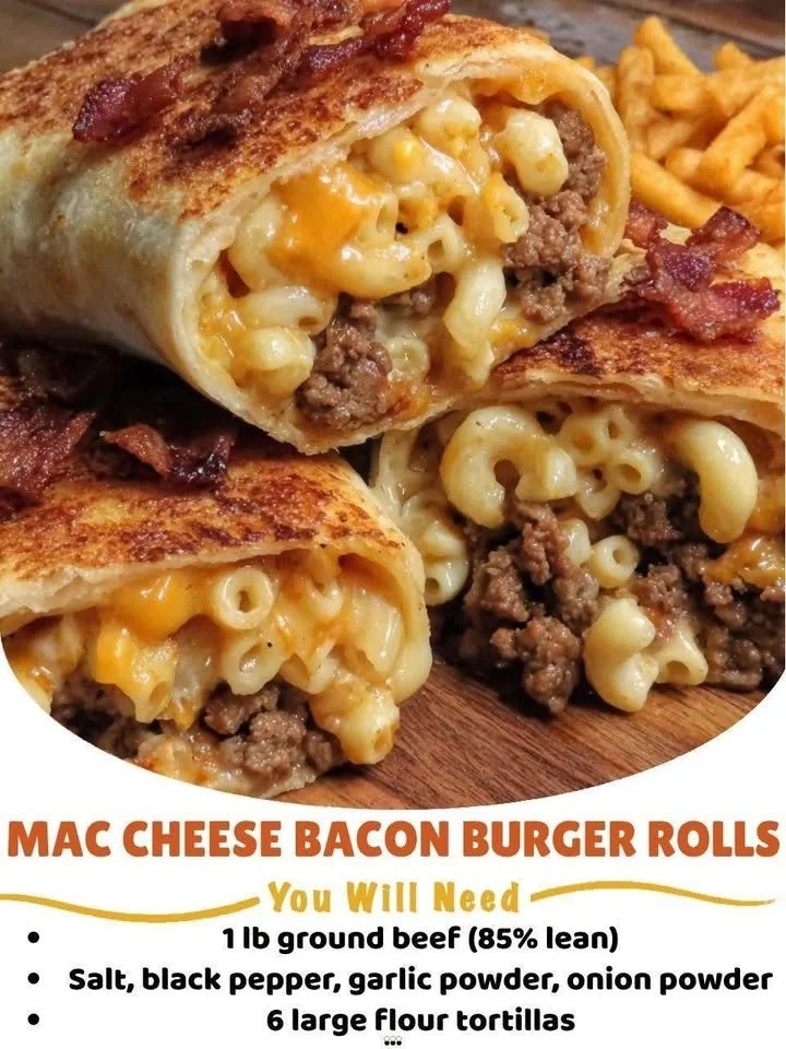 Macaroni Cheese Bacon Burger Rolls ready to be served with crispy bacon and melty cheese.