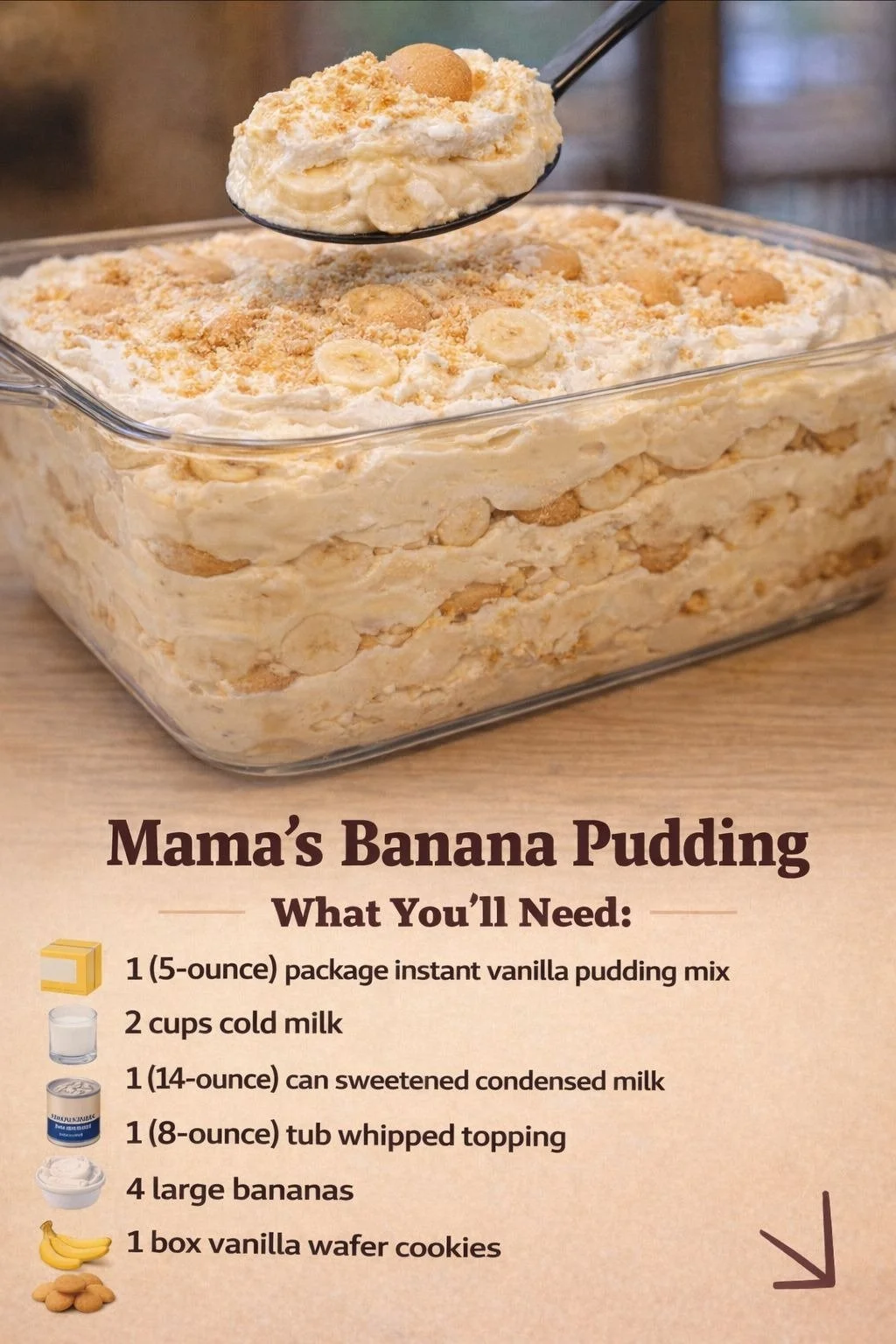 Delicious bowl of Mama's Banana Pudding topped with whipped cream and banana slices.