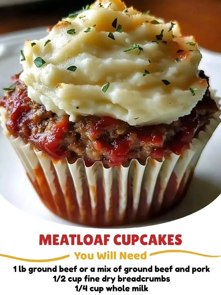 Delicious meatloaf cupcakes with creamy mashed potato frosting on top.