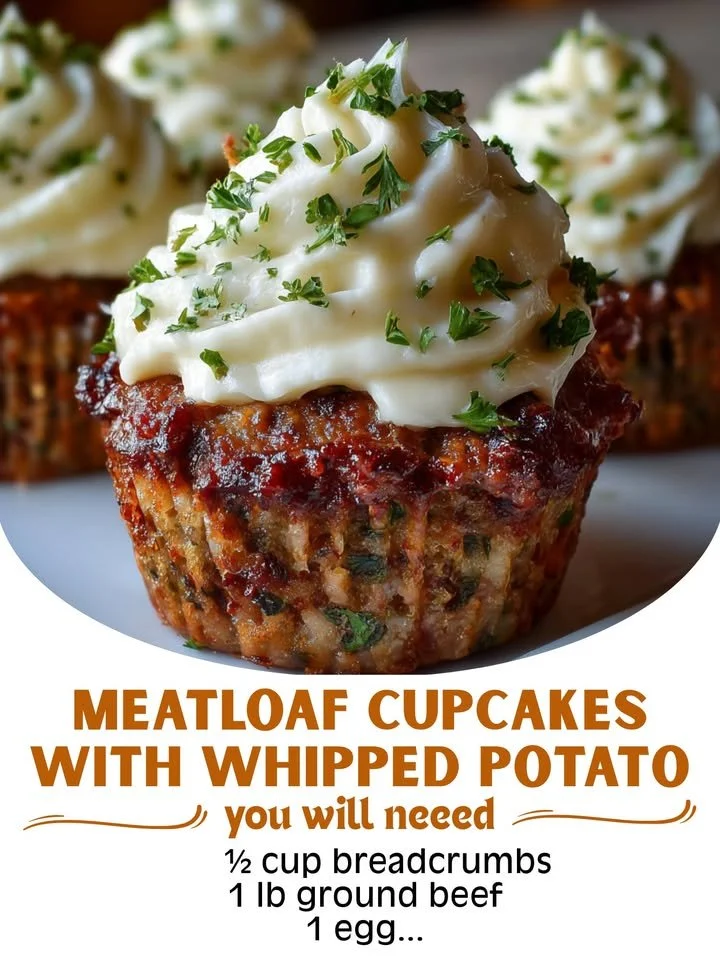 Meatloaf Cupcakes topped with whipped potatoes served on a plate.