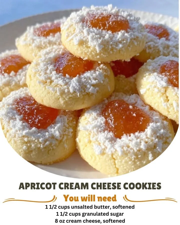 Melt-in-your-mouth apricot cream cheese cookies on a rustic table
