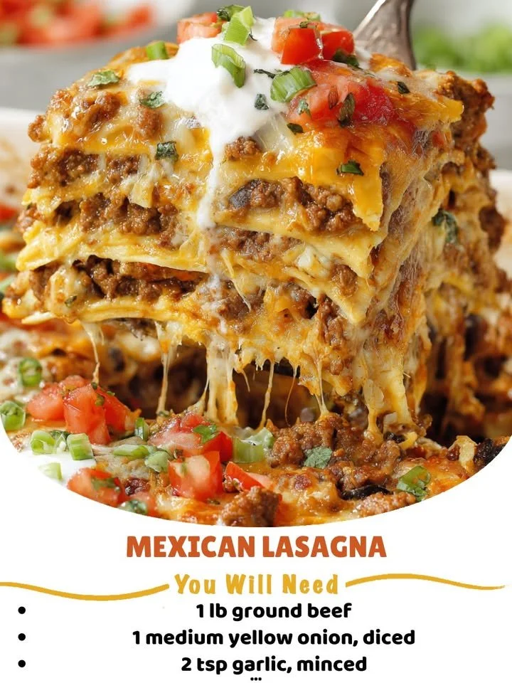 Delicious homemade Mexican Lasagna with layers of tortillas, cheese, and spices