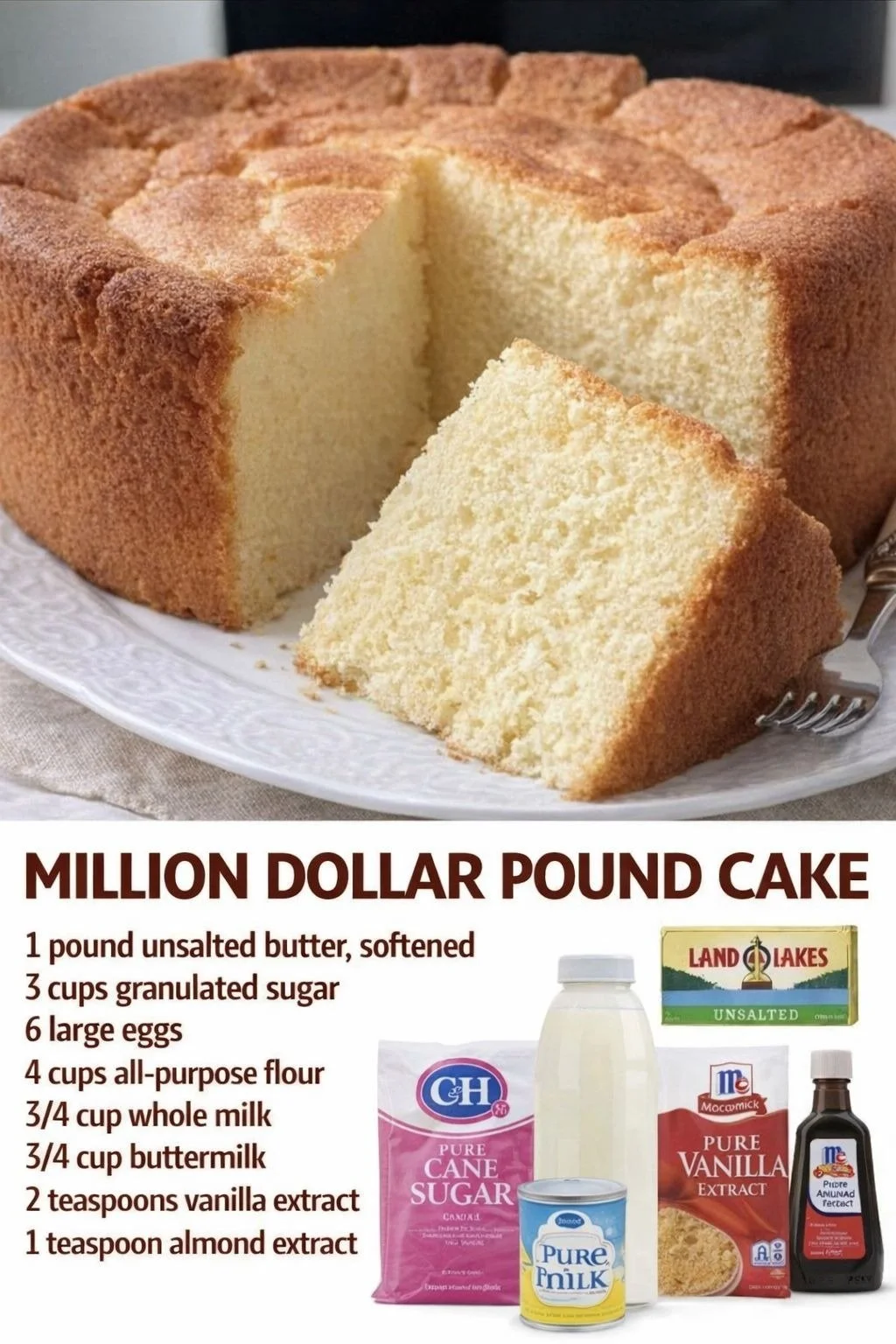 Slice of Million Dollar Pound Cake served on a plate with a fork