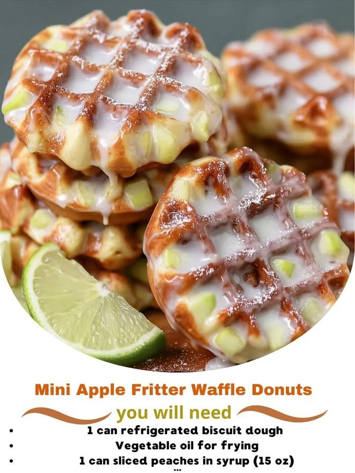 Mini apple fritter waffle donuts on a plate with a drizzle of glaze.