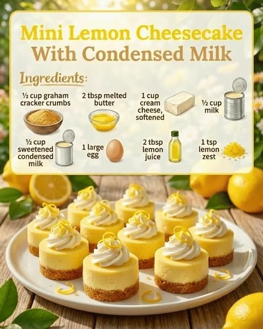 Delicious mini lemon cheesecakes topped with whipped cream and lemon zest