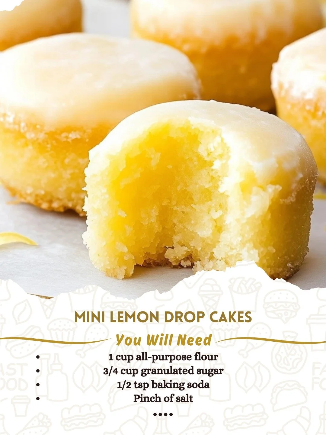 Mini lemon drop cakes plated with lemon slices and powdered sugar