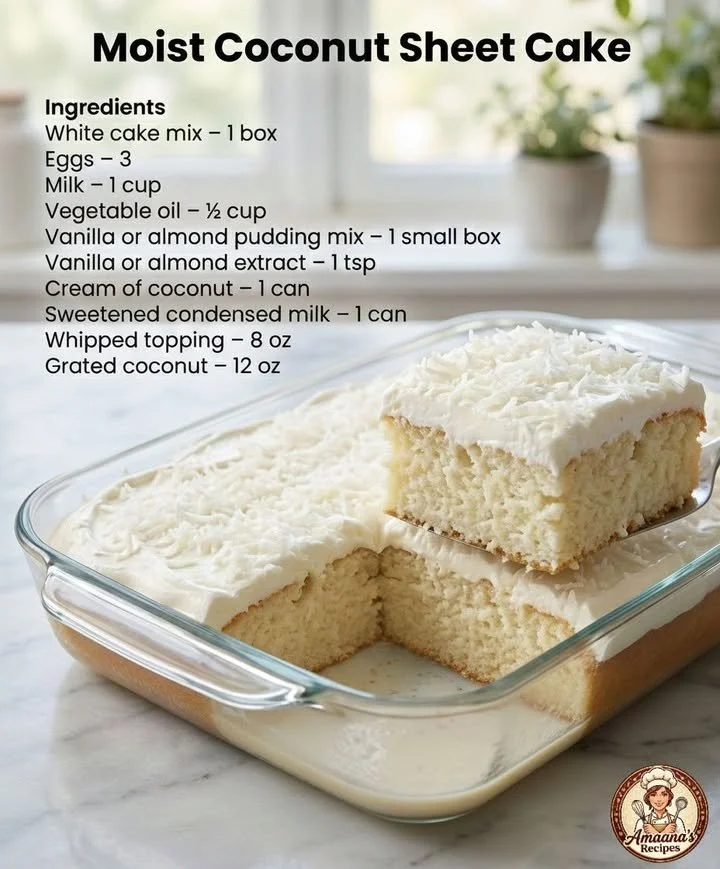 Moist and creamy coconut sheet cake topped with coconut flakes