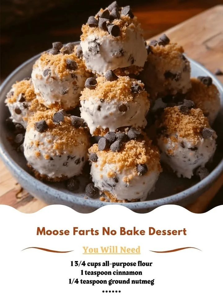 Moose Farts no bake dessert in a serving dish with toppings