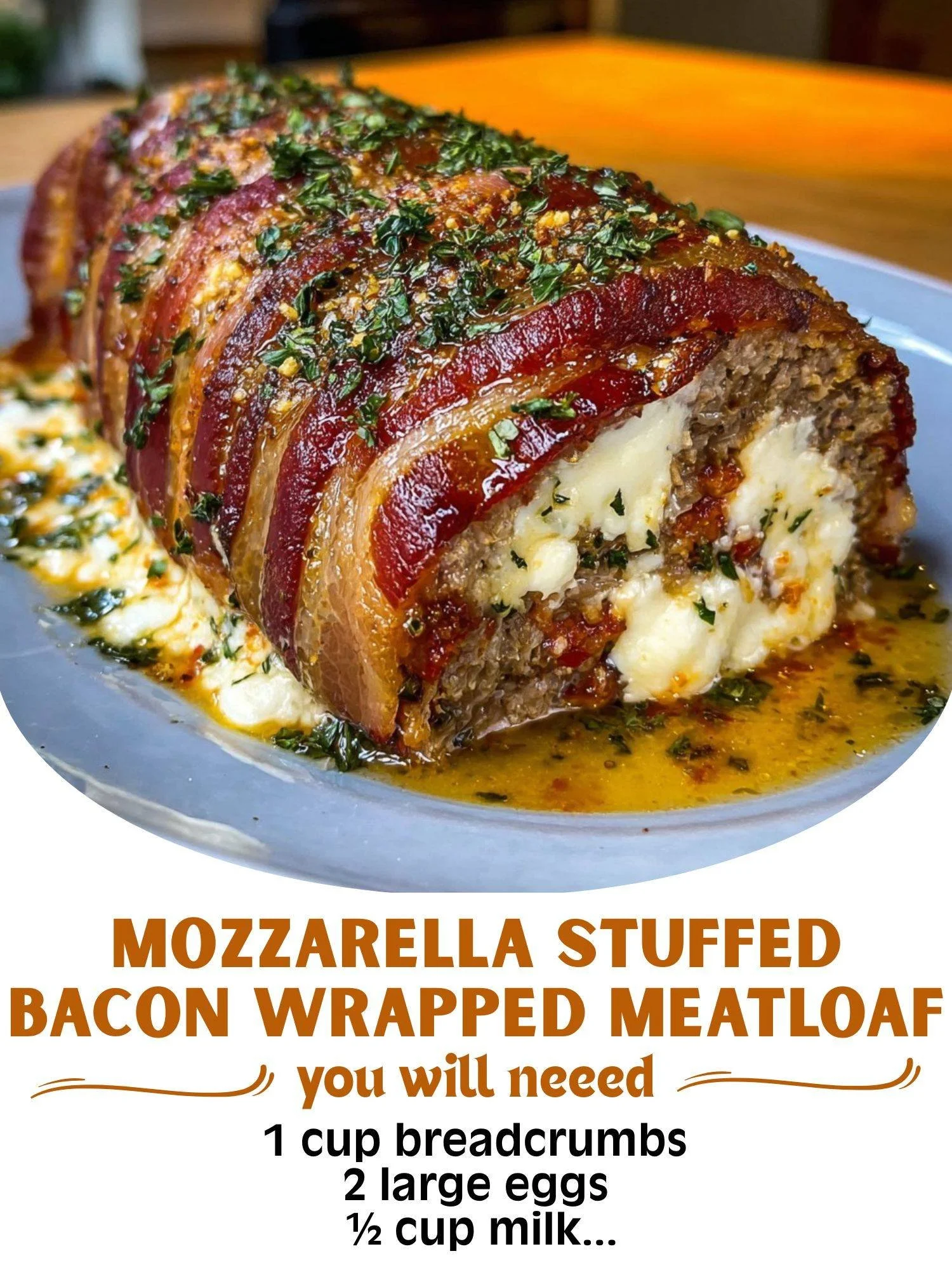 Mozzarella stuffed bacon wrapped meatloaf served on a plate