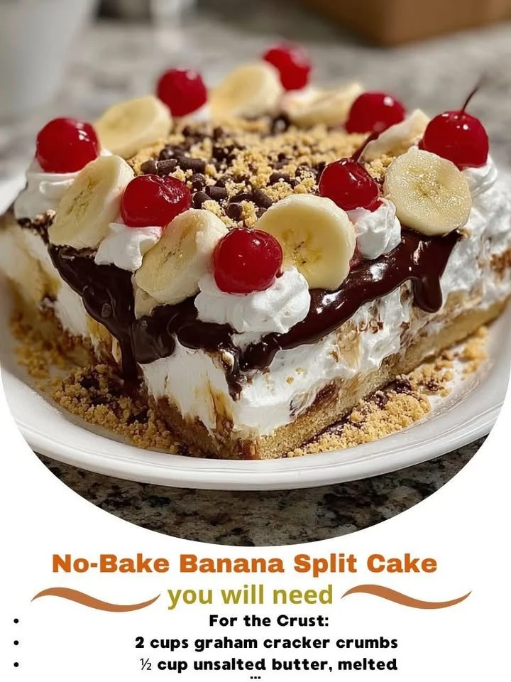 No-bake banana split cake layered with cream, bananas, and toppings