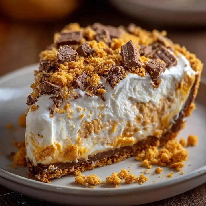 No-Bake Butterfinger Pie topped with crushed Butterfinger bars