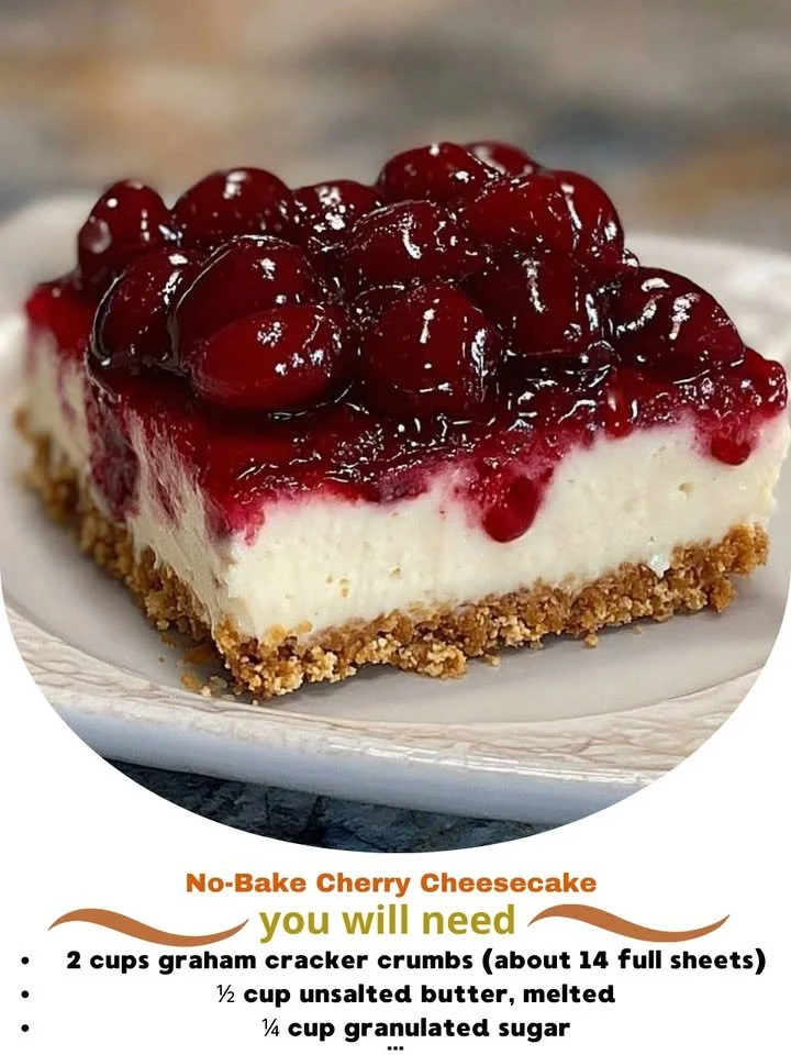 No-Bake Cherry Cheesecake topped with fresh cherries and creamy filling