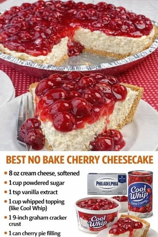 Delicious No-Bake Cherry Cheesecake Dessert with a graham cracker crust and cherry topping.