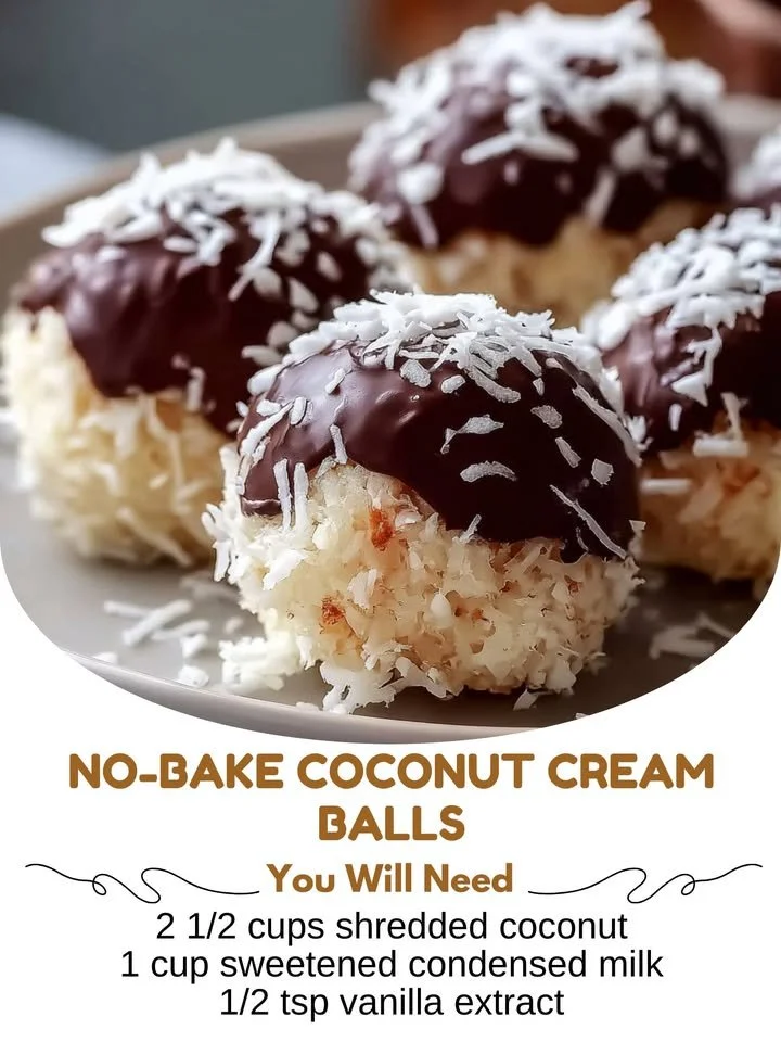No-bake coconut cream balls topped with shredded coconut.