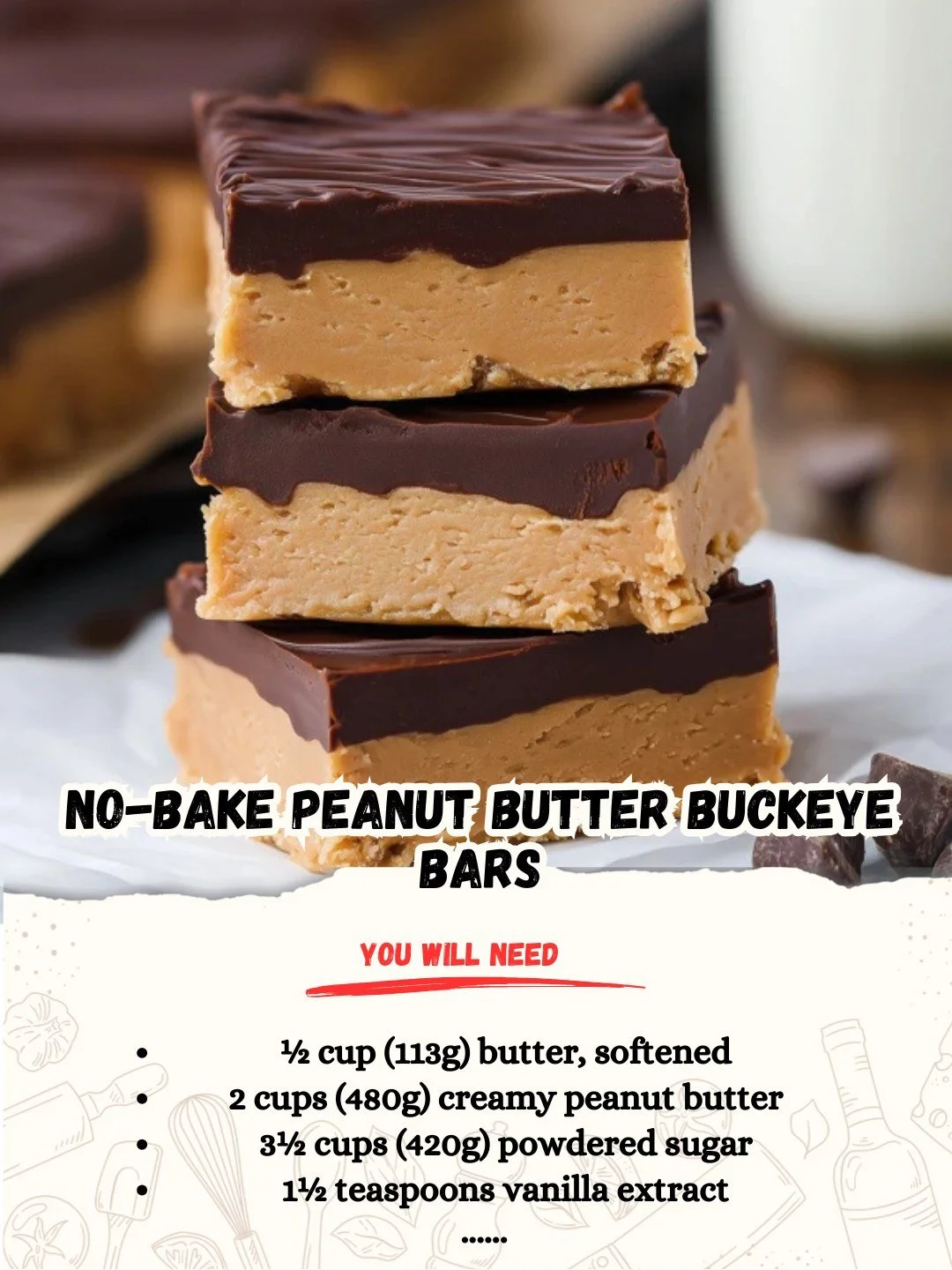 Delicious no bake peanut butter buckeye bars with chocolate topping