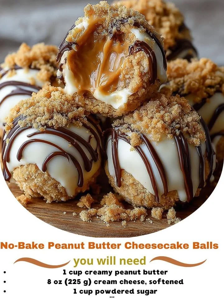No-bake peanut butter cheesecake balls on a decorative plate.