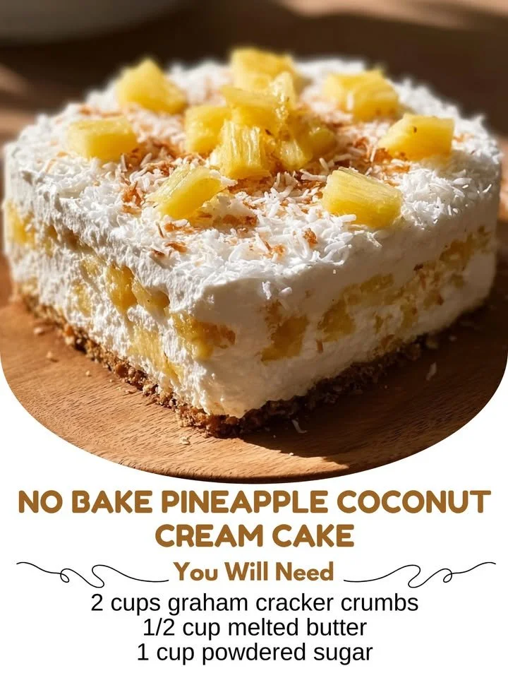 No Bake Pineapple Coconut Cream Cake topped with fresh pineapple and coconut flakes