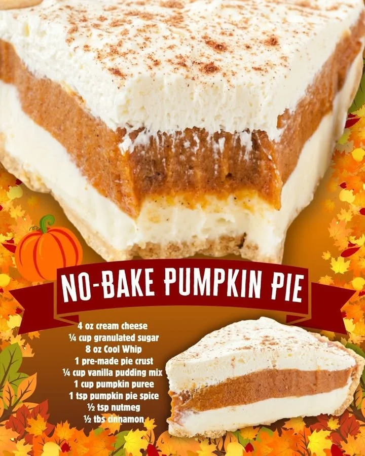 No-bake pumpkin pie topped with whipped cream and pumpkin spice