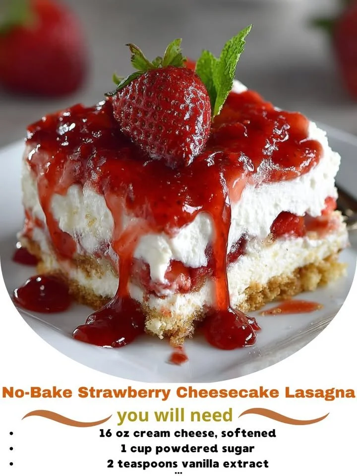No-bake strawberry cheesecake lasagna topped with fresh strawberries