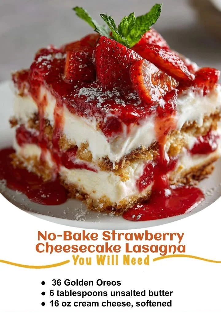 Delicious no-bake strawberry cheesecake lasagna dessert layered with fresh strawberries