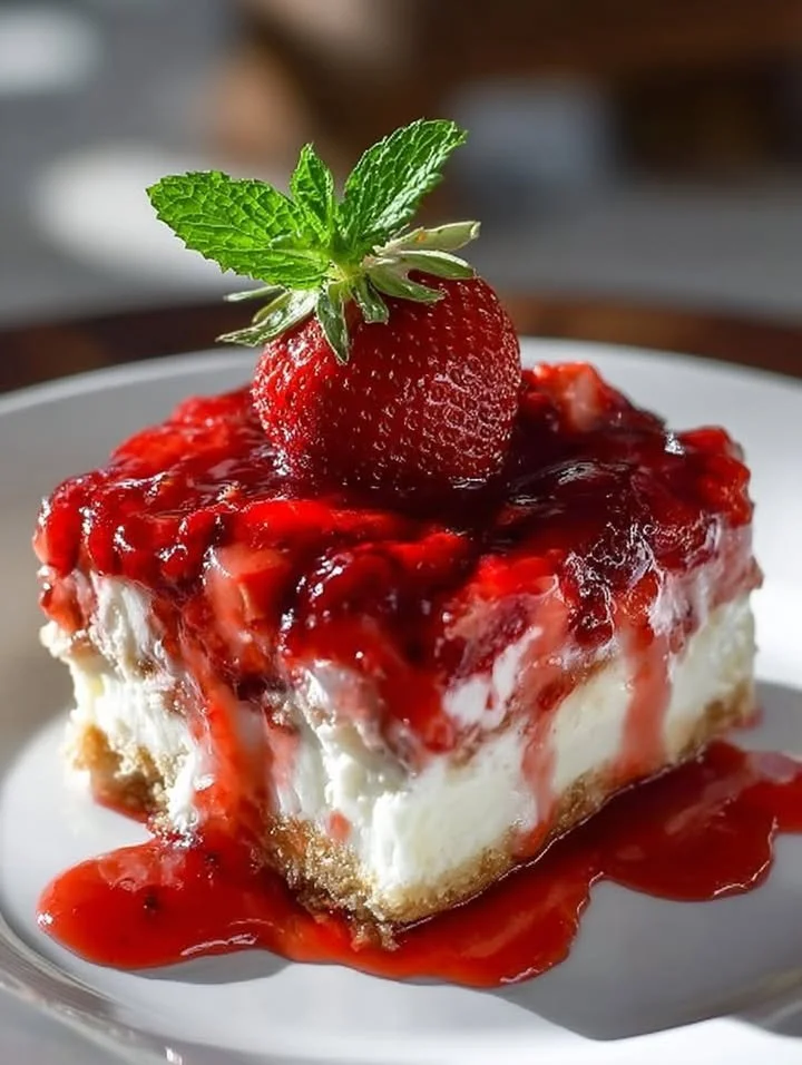 No-Bake Strawberry Cheesecake Lasagna dessert with layers of cream and strawberries