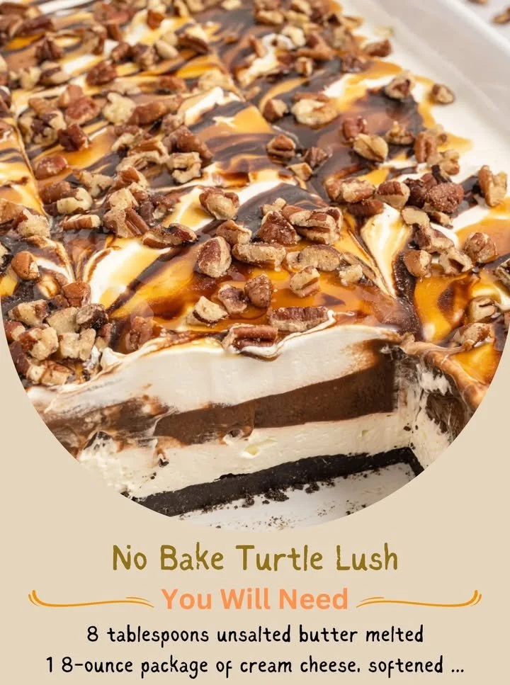 Delicious No Bake Turtle Lush dessert with chocolate, caramel, and pecans.