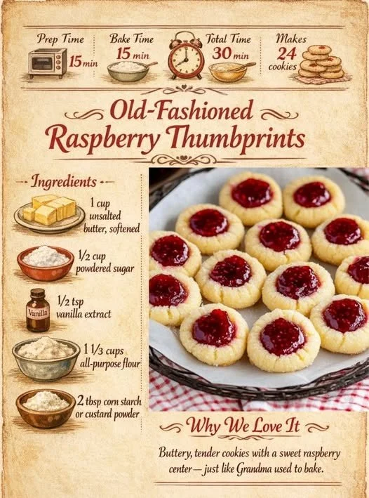Batch of old-fashioned raspberry thumbprint cookies on a cooling rack.