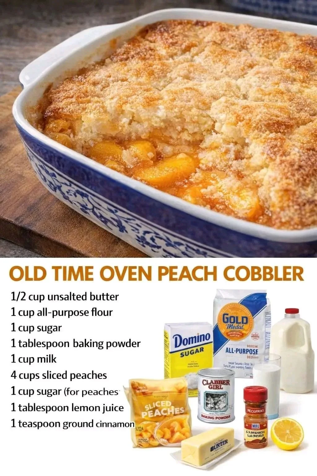 Delicious old time oven peach cobbler topped with crust and fresh peaches