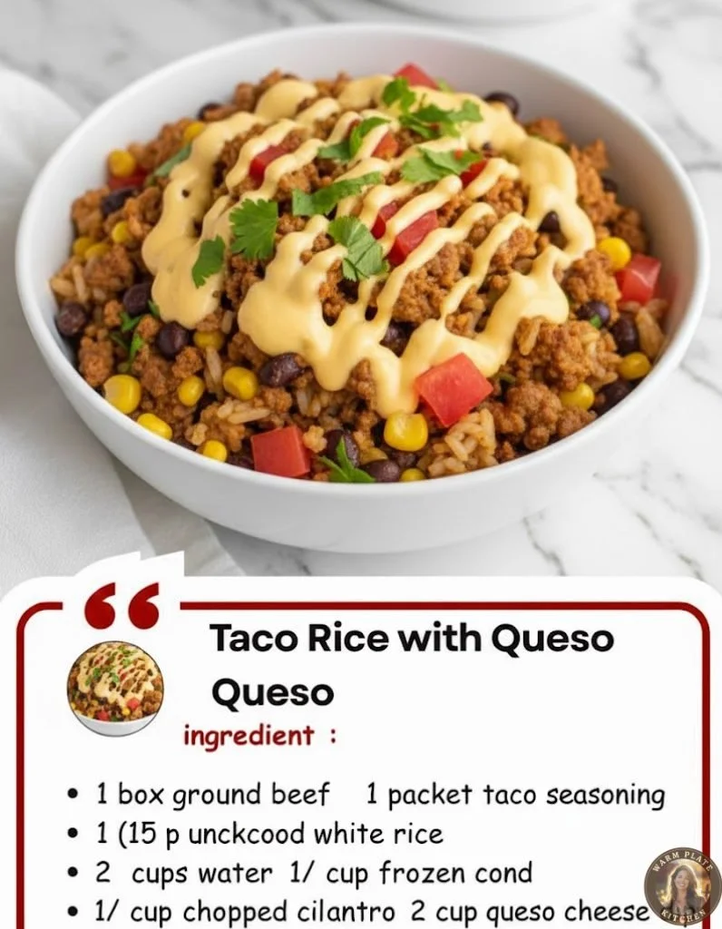 One-pan taco rice dish topped with melted queso