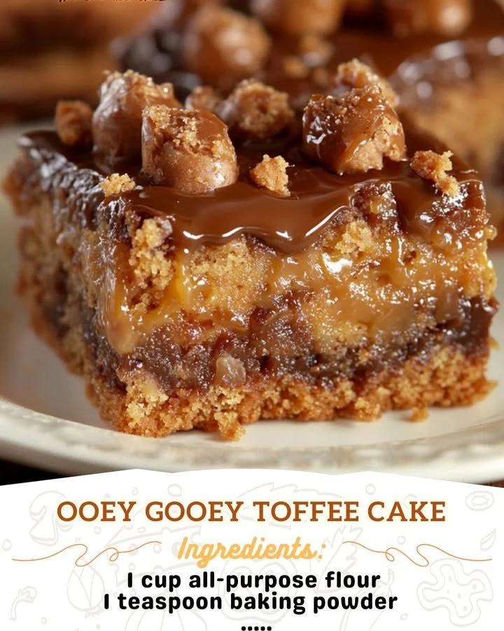 Delicious ooey gooey toffee cake, drizzled with caramel and topped with nuts.