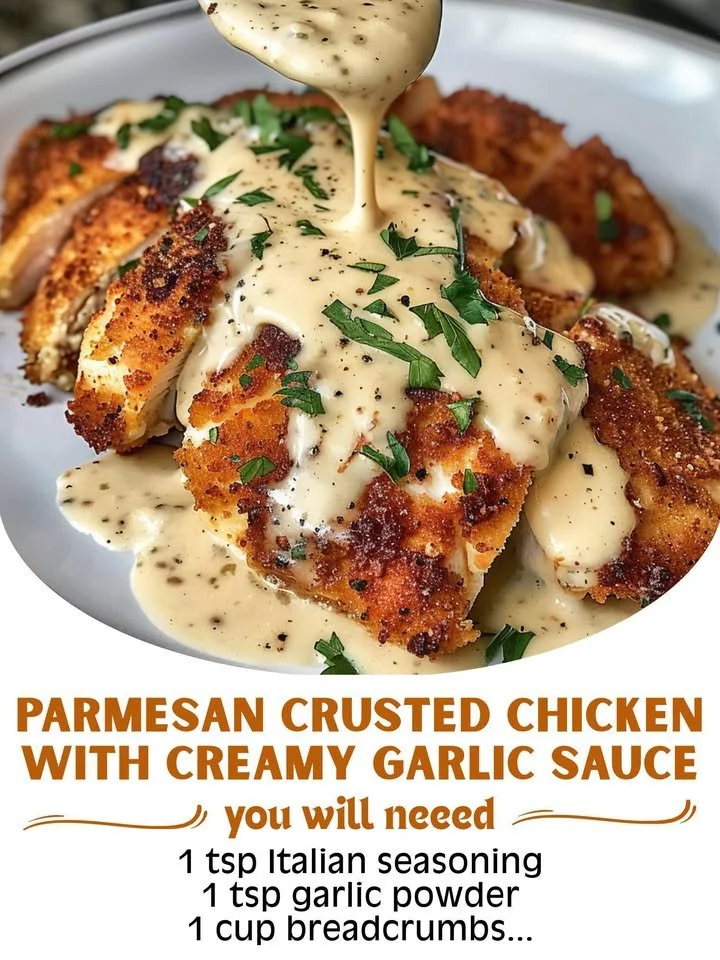 Delicious Parmesan Crusted Chicken with creamy garlic sauce on a plate