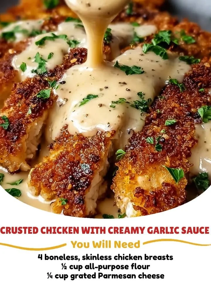 Plate of Parmesan-Crusted Chicken with creamy garlic sauce and herbs